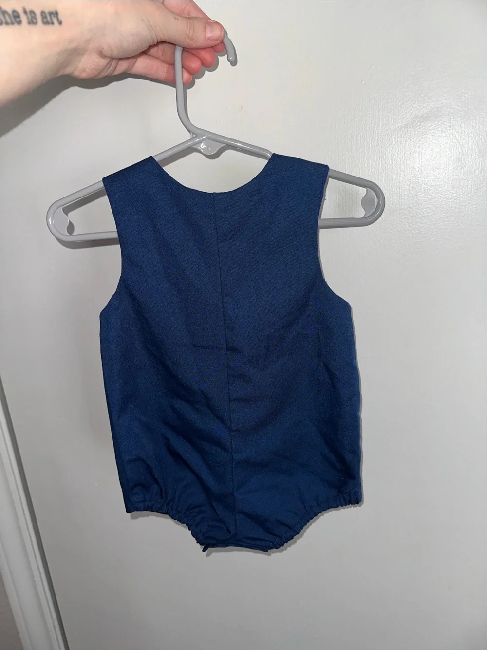 Vintage 90s Baby Togs Train Teddy Bear Romper Overalls Navy Blue Boy 3-6 Months